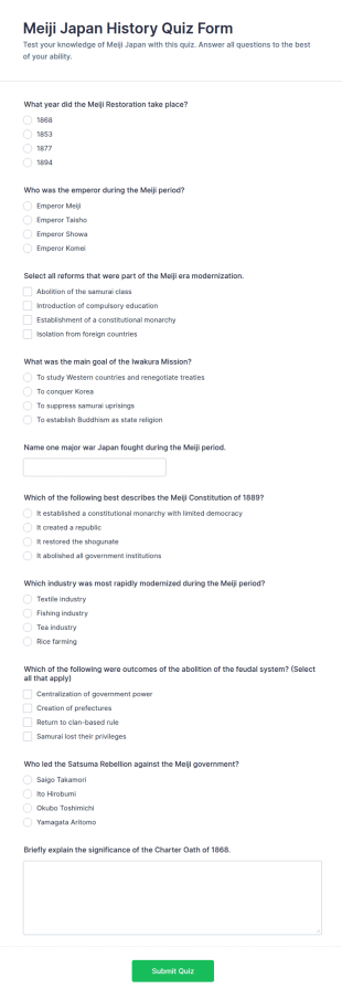 Meiji Japan History Quiz Form Template