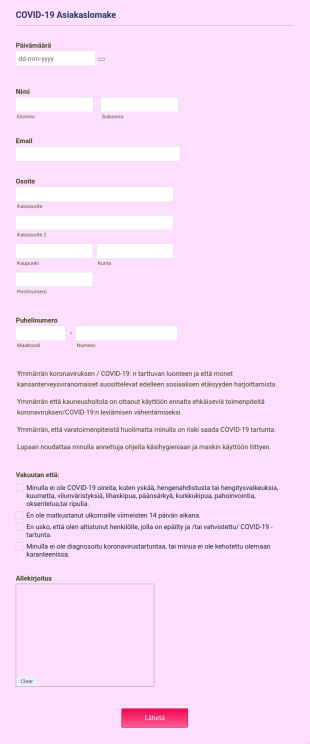 Meikkaus, Ripsienpidennys, Kulmien Kestovärjäys COVID 19 Asiakaslomake