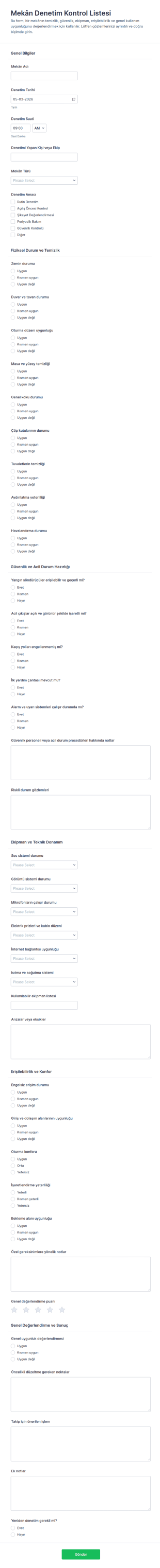 Mekan Denetim Kontrol Listesi Form Şablonu