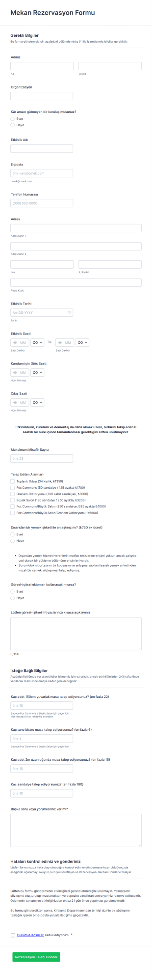 Mekan Rezervasyon Form Template