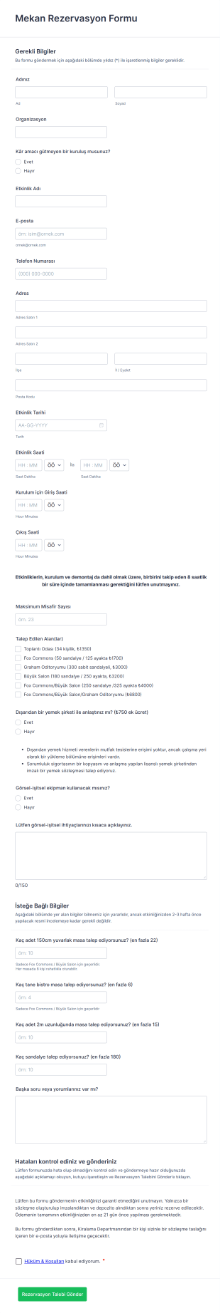 Mekan Rezervasyon Form Şablonu