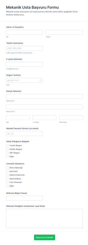 Mekanik Usta Başvuru Form Template