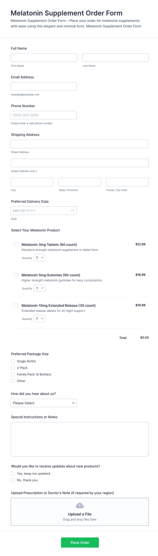 Melatonin Supplement Order Form Template