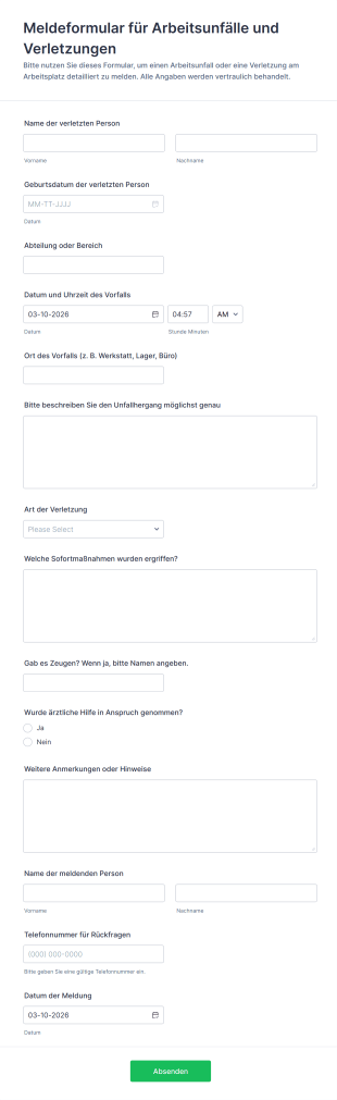 Meldeformular Für Arbeitsunfälle Und Verletzungen