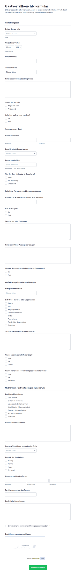 Meldeformular Für Vorfälle Im Gästeumfeld