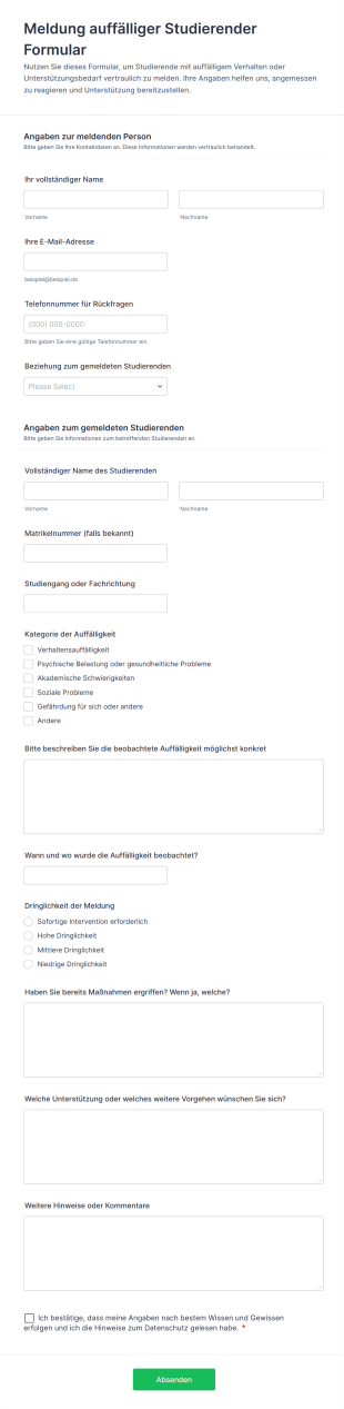 Meldung Auffälliger Studierender Formular