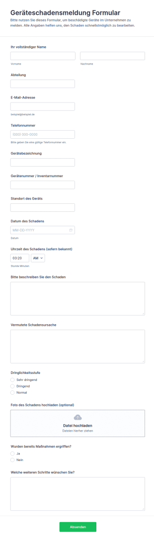 Meldung Beschädigte Ausrüstung Formular