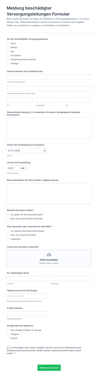 Meldung Beschädigter Versorgungsleitungen Formular