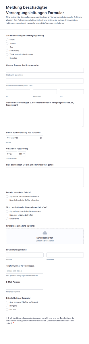 Meldung Beschädigter Versorgungsleitungen Formular