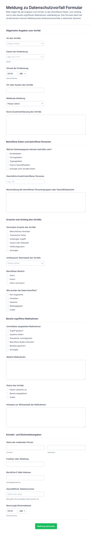 Meldung Eines Datenvorfalls Form