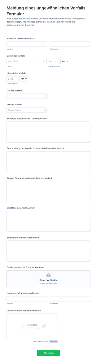 Meldung Eines Ungewöhnlichen Vorfalls Formular
