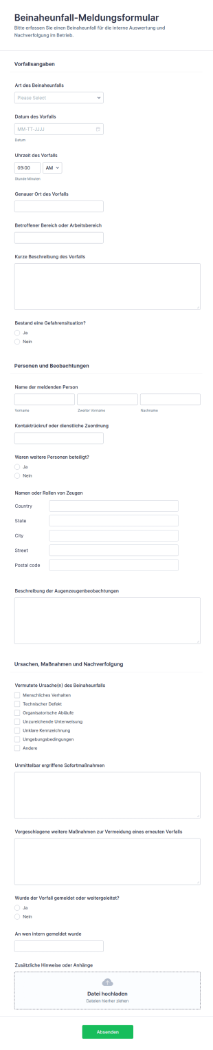Meldung Von Beinahe Unfall Vorfallbericht Formular