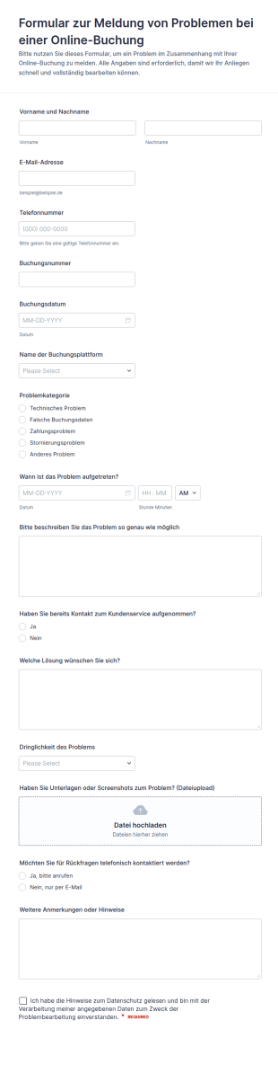 Meldung Zu Buchungsproblemen Formular