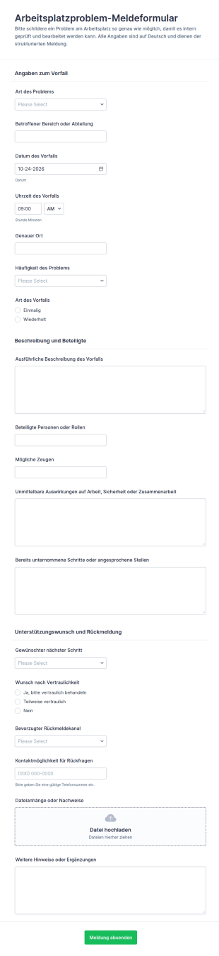 Meldung Zu Einem Arbeitsplatzproblem Formular