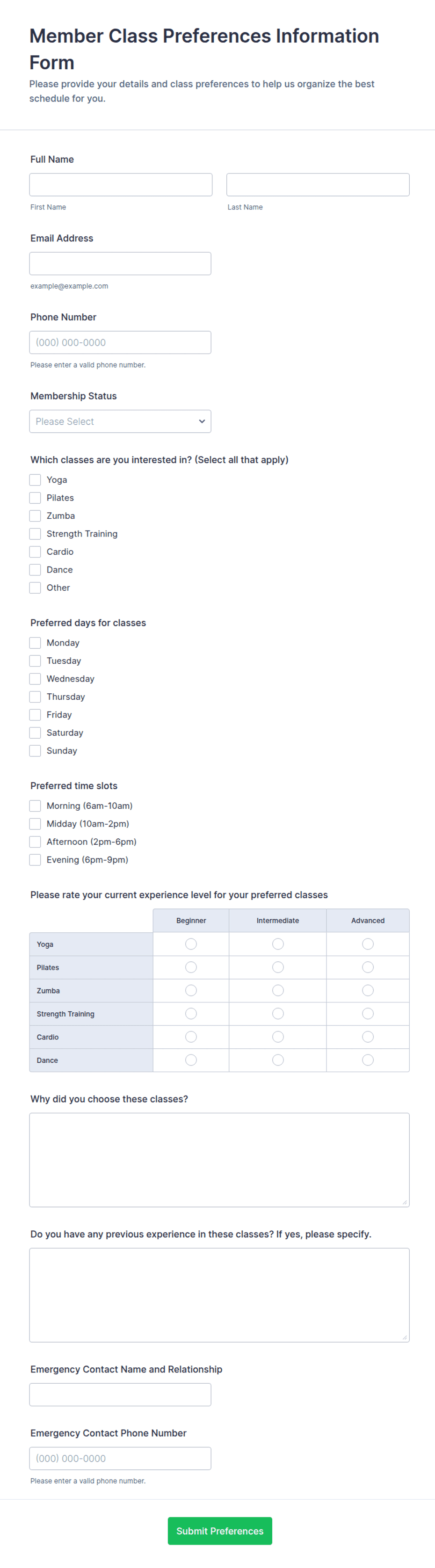 Member Class Preferences Information Form Template | Jotform