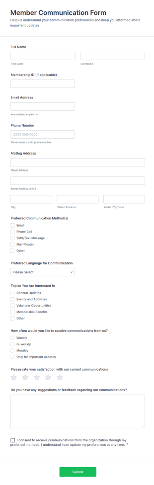 Member Communication Form Template