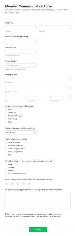 Member Communication Form Template