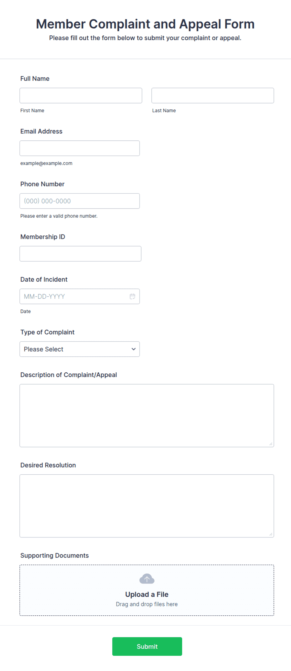 Complaint Form Appendix Example Member Complaint and Appeal Form Template | Jotform