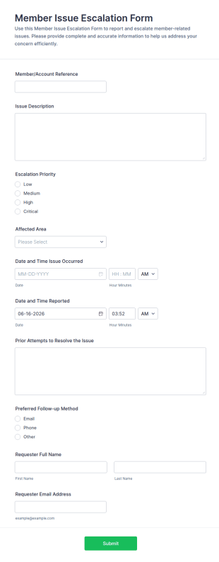 Member Issue Escalation Form Template