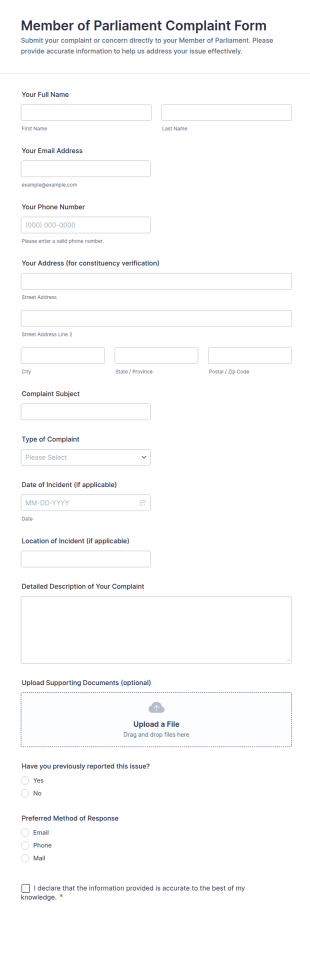 Member Of Parliament Complaint Form Template