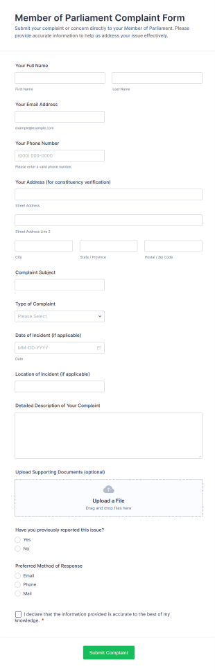 Member Of Parliament Complaint Form Template