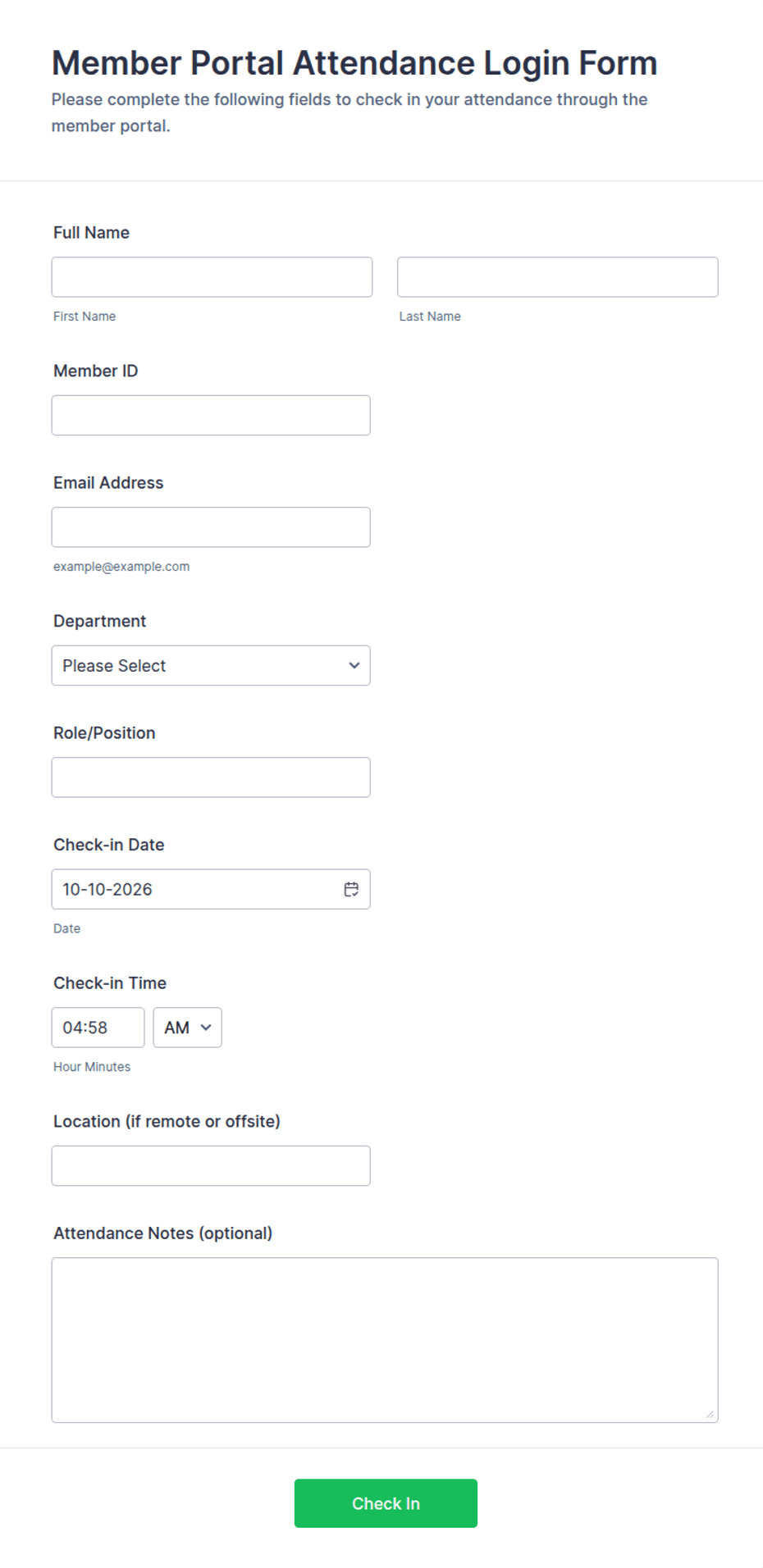 Member Portal Attendance Login Form Template | Jotform