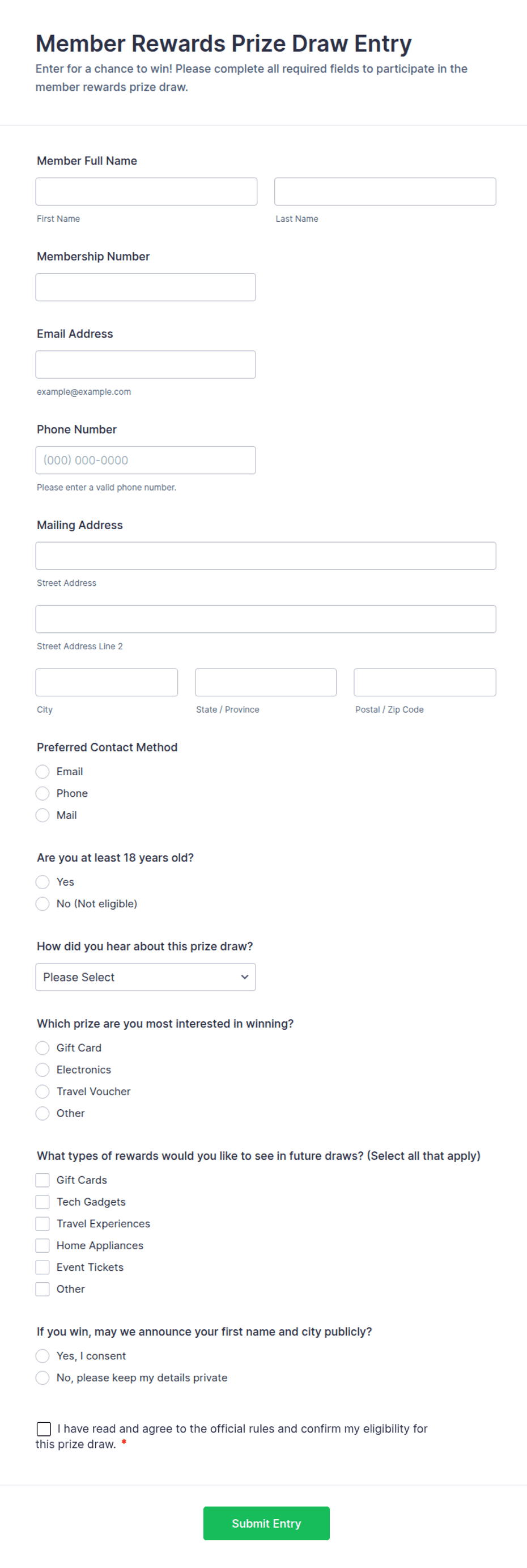 Member Rewards Prize Draw Entry Form Template | Jotform