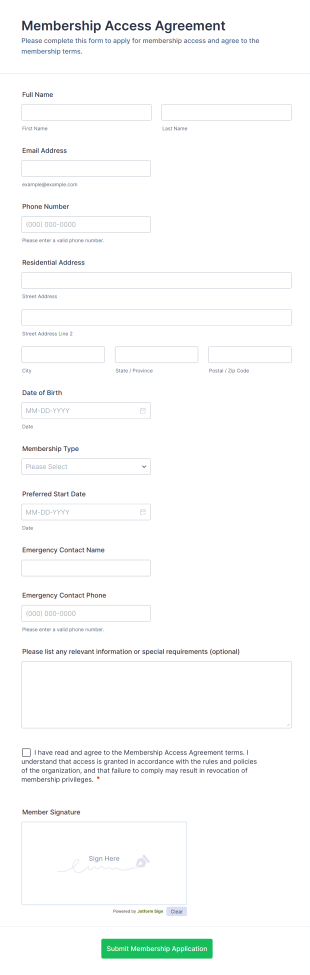 Membership Access Agreement Form Template