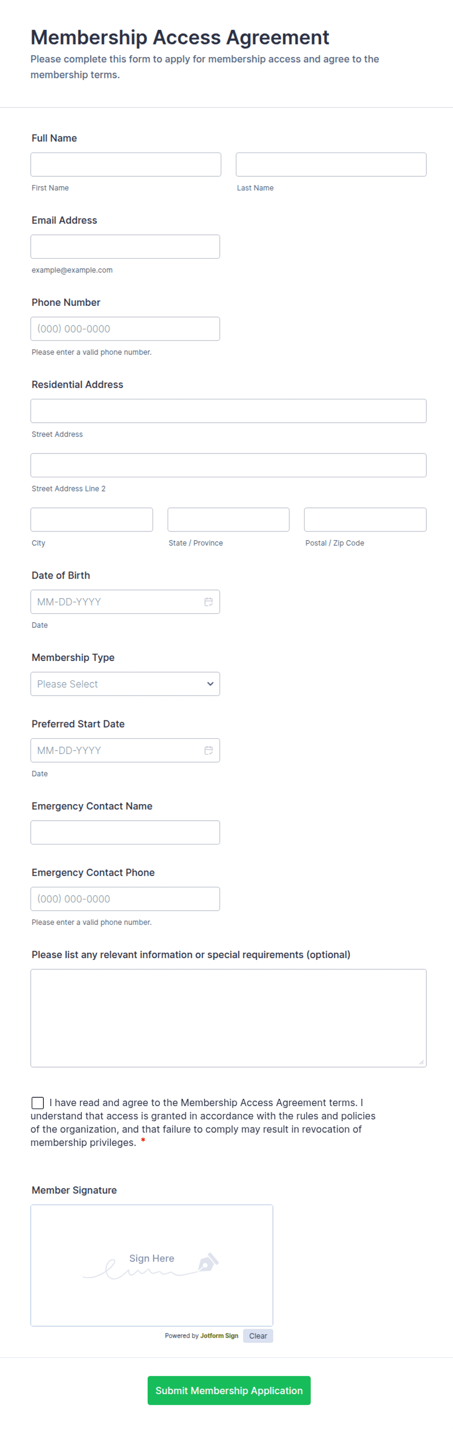 Access Contract Example Membership Access Agreement Form Template | Jotform