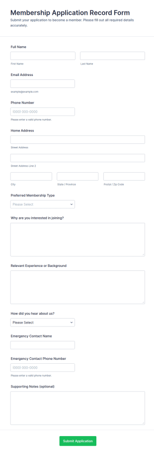 Membership Application Record Form Template