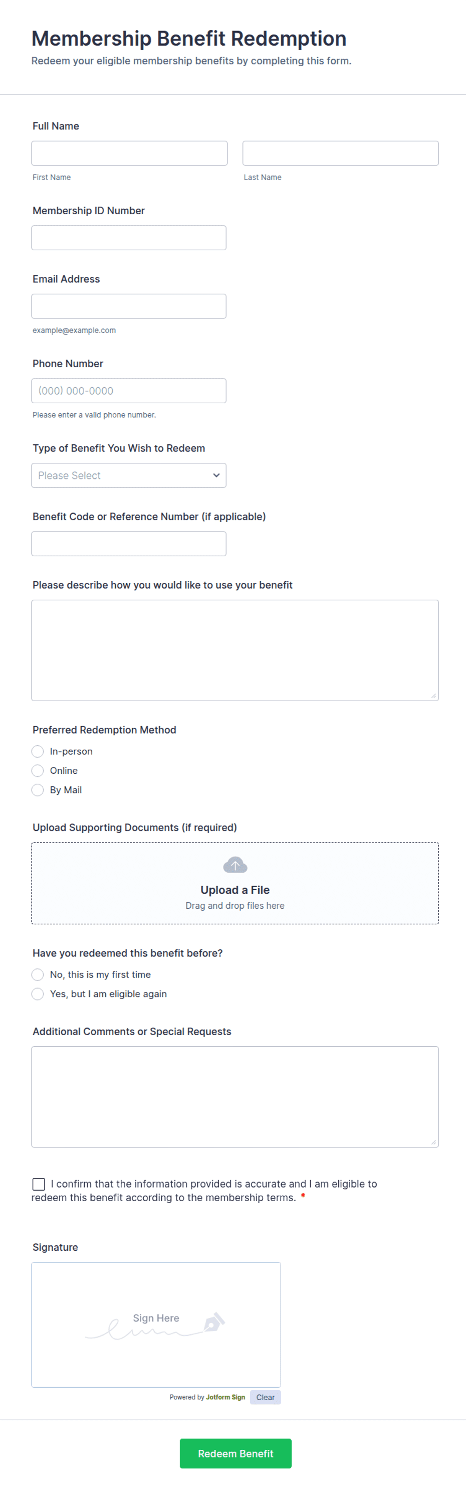 Membership Benefit Redemption Form Template | Jotform