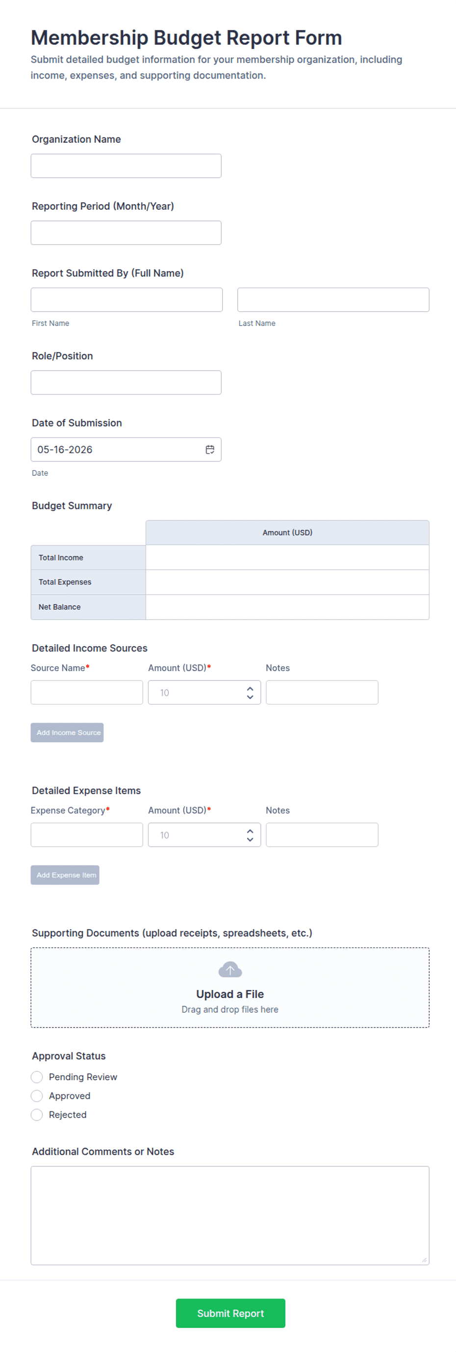 Membership Budget Report Form Template | Jotform