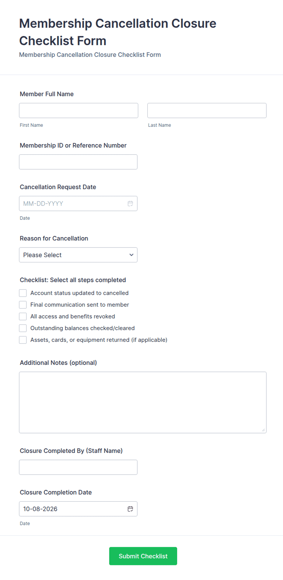 Membership Cancellation Closure Checklist Form Template | Jotform