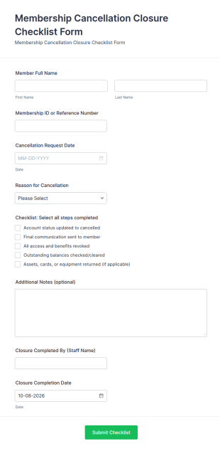 Membership Cancellation Closure Checklist Form Template
