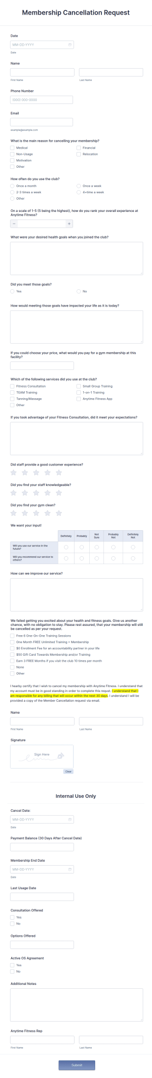 Membership Cancellation Request Form Template