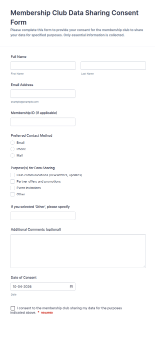 Membership Club Data Sharing Consent Form Template