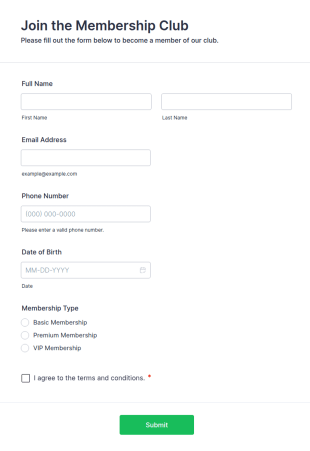 Membership Club Join Form Template