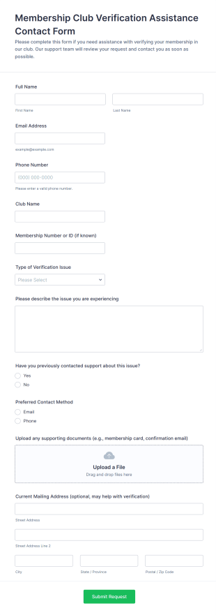 Membership Club Verification Assistance Contact Form Template