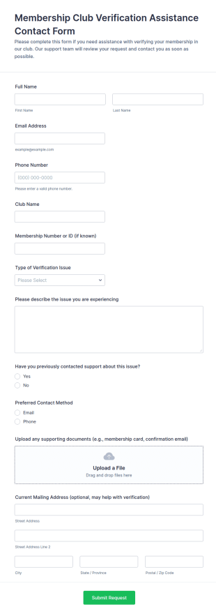 Membership Club Verification Assistance Contact Form Template