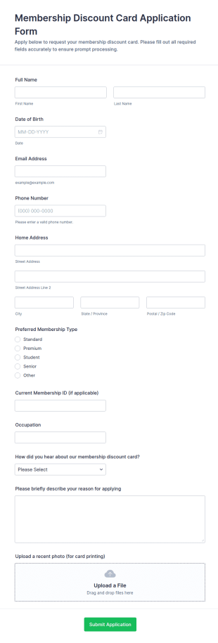 Membership Discount Card Application Form Template