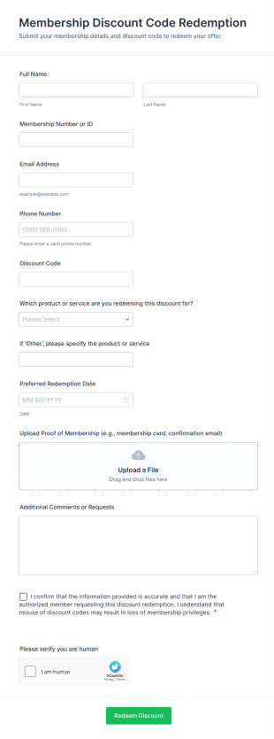 Membership Discount Code Redemption Form Template