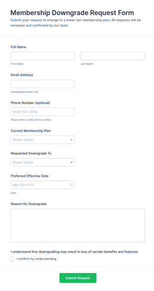 Membership Downgrade Request Form Template