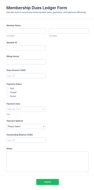 Membership Dues Ledger Form Template