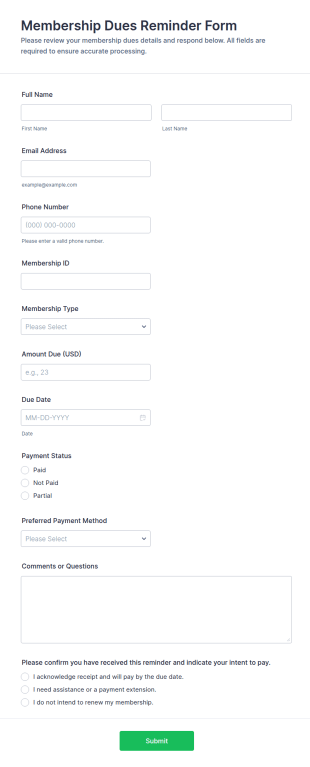 Membership Dues Reminder Form Template