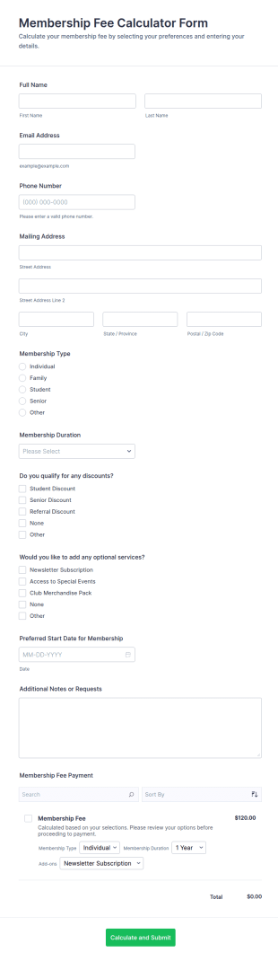 Membership Fee Calculator Form Template