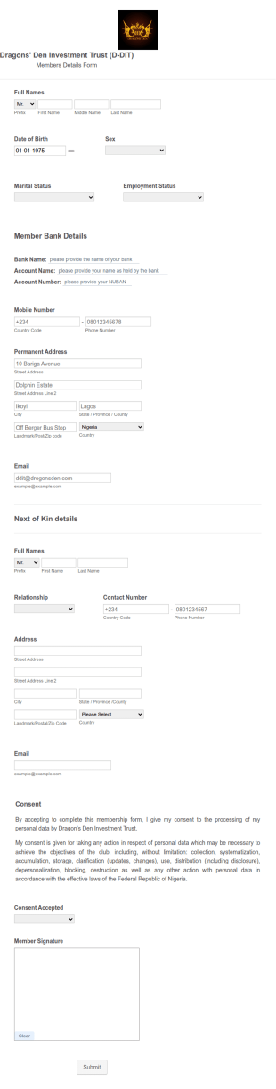 Membership Form For Dragons' Den Investment Trust (D DIT)