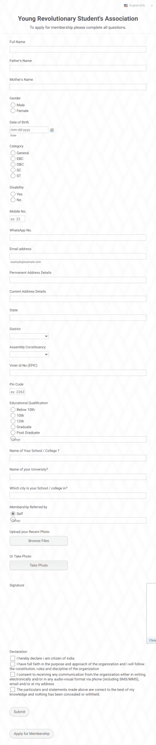 Membership Form Of Young Revolutionary Student's Association