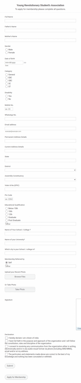 Membership Form Of Young Revolutionary Student's Association