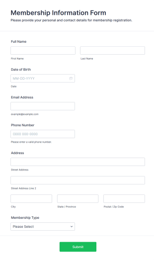 Membership Information Form Form Template
