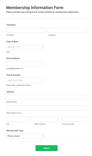 Membership Information Form Template